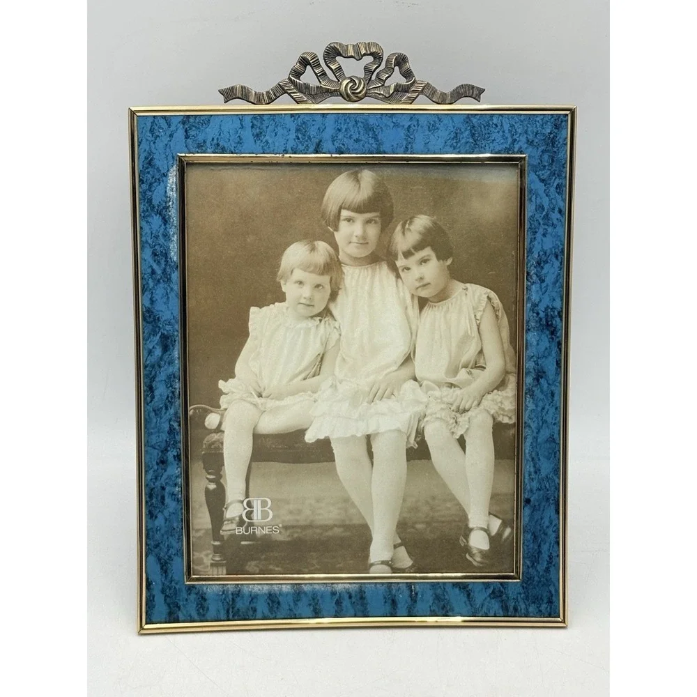 Burnes Blue Faux Marble Picture Frame 8x10 Brass Tone Ribbon Bow Korea